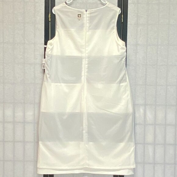 Anne Klein Grey White Stripe Shift Dress Sleeveless Midi 16 Lined Wide Bands - Picture 6 of 11